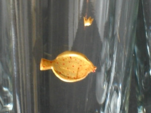 Butt 1, Glasgravur vergoldet auf kleinem schweren Wasserglas.